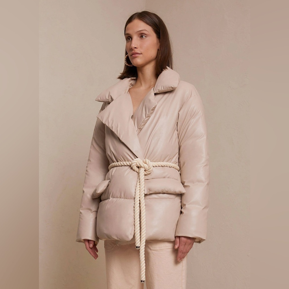 NWT A.L.C. Liam Faux Leather Rope Belt Puffer Coat Jacket in Fog $695 size M